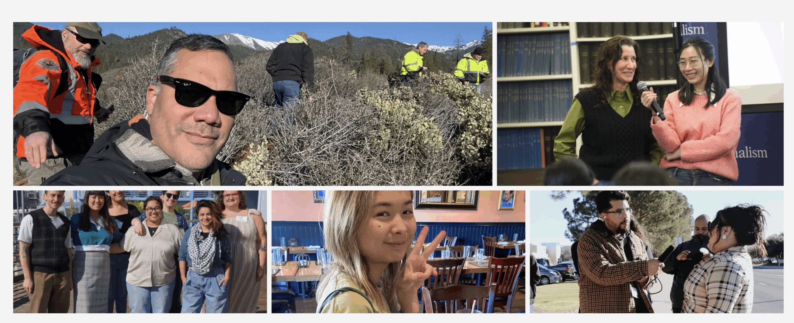 collage of photos from California Local News Fellowship: some reporters in the field and others looking at the camera.